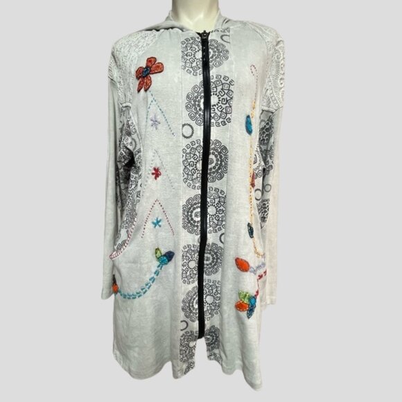 Ark Imports Boho Hippie Embroidered Full Zip Hooded Tunic Sweater Hoodie - Picture 1 of 13